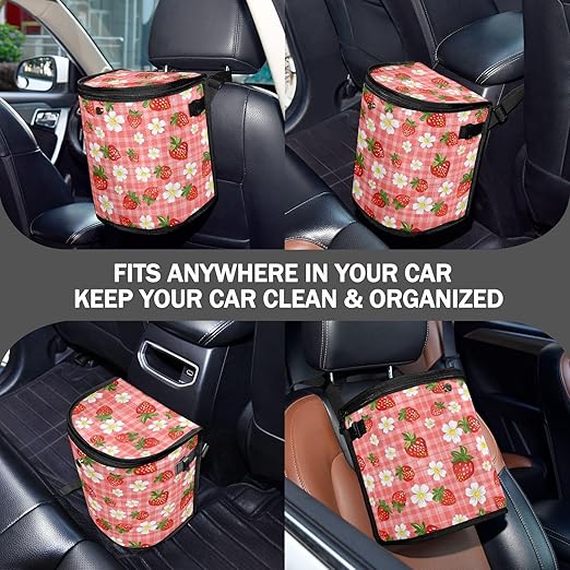 Strawberry Florals Checkered Plaid Car Trash Can Car Garbage Bag with Lid Hanging Waterproof Leak Proof Vehicle Storage Bin