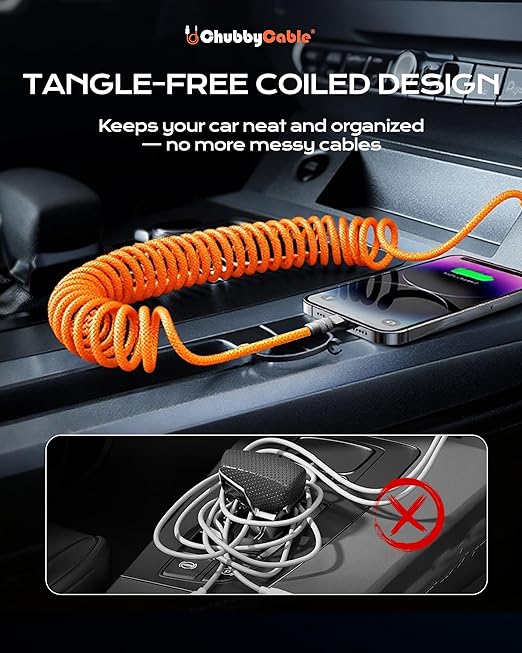 chubbycable Curly Chubby 240W Coiled USB C Fast Charging Cable Durable Braided Charger Cord for Car Compatible with iPhone 17-15 Series iPad, White, Type-C to Type-C, 2.13FT-6.56FT
