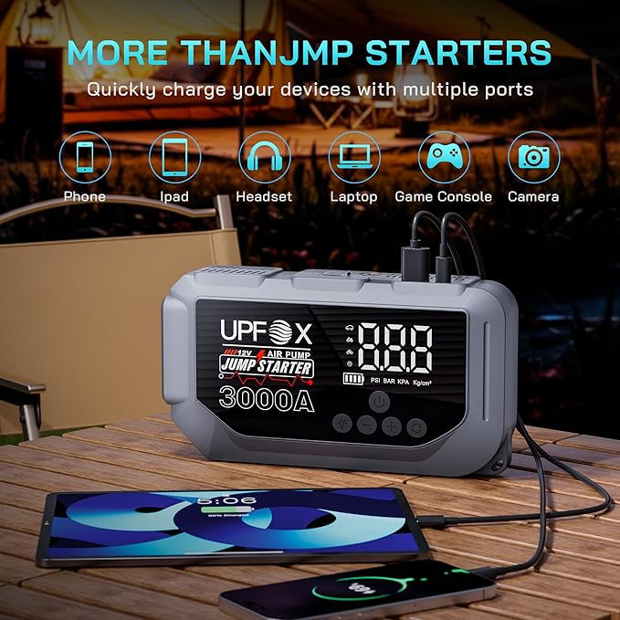 3000A Jump Starter with Air Compressor 12V, 44.4Wh Portable Car Jump Starter for 8.0L Gas & 6.0L Diesel Engines, 150PSI Tire Inflator with LED Display, Emergency Jump Box with Jumper Cables