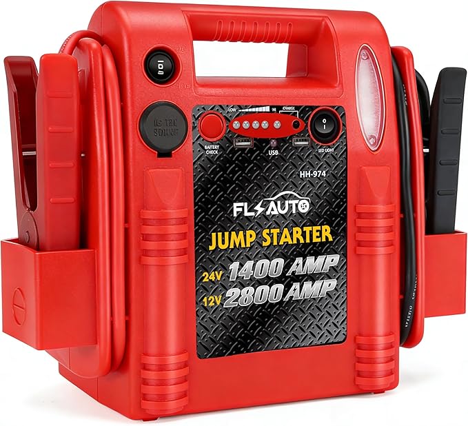 Car Battery Jump Starter - FlyAuto 2800/1400 Amp 12V 24V Heavy Duty Jump Box, Works with Truck Tractor Excavator Automotive Engine Starter Battery Charger Booster Jumper Box with USB/DC Power Unit