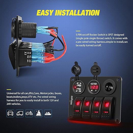 Nilight 4Gang Rocker Switch Panel with USB Charger Voltmeter and Cigar Lighter 12V 24V Toggle ON Off Red Night Glow Stickers for Cars Rvs Trucks
