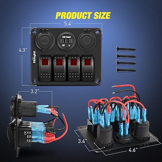 Nilight 4Gang Rocker Switch Panel with USB Charger Voltmeter and Cigar Lighter 12V 24V Toggle ON Off Red Night Glow Stickers for Cars Rvs Trucks