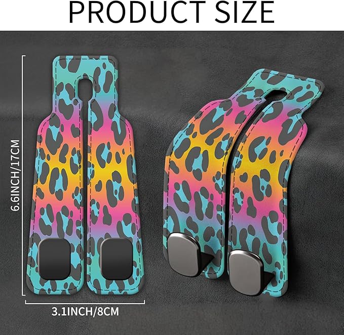 Car Seat Back Storage Headrest Hook, Premium Leather Double Metal Hook, Hanger Storage Organizer for Purse Cloth Bag, Car Interior Accessories Colorful Cute Leopard
