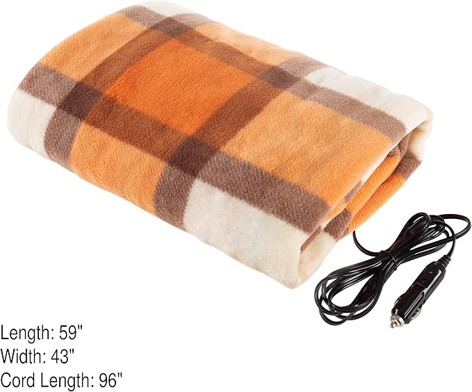 Heated Car Blanket - 12V Electric Travel Blanket for Car, Truck, SUV or RV - Portable Heated Throw for Road Trips, Camping or Winter Emergency Kit for Cold Weather Travel by Stalwart (Orange Plaid)