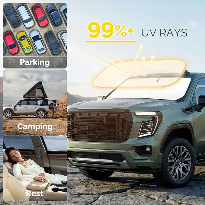 Car Sun Shade for 2019-2024 2025 2026 Chevy Silverado 1500 Windshield Sun Shade, Sun Visor Windshield Screen Cover for GMC Sierra Front Window Sunshade Foldable Auto Interior Accessories