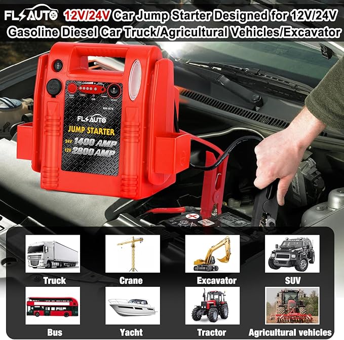 Car Battery Jump Starter - FlyAuto 2800/1400 Amp 12V 24V Heavy Duty Jump Box, Works with Truck Tractor Excavator Automotive Engine Starter Battery Charger Booster Jumper Box with USB/DC Power Unit