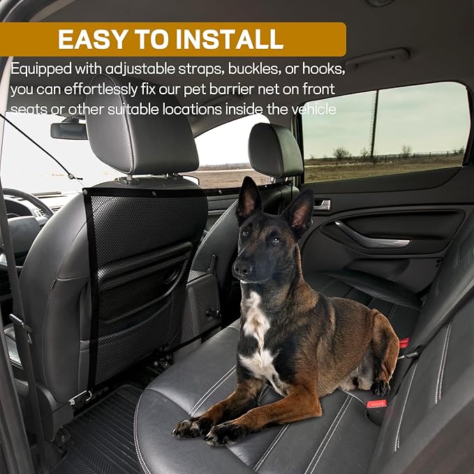 Dog Car Net Barrier, 43"×28" Automotive Pet Barrier Net, Adjustable Pet Mesh Divider for Back Seat, Backseat Mesh Fence for Pets & Kids, Easy to Install, Universal Car Accessories (Large)