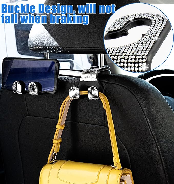 MTGOCHA Bling Car Purse Hooks 2Pcs, Durable Car Headrest Hook, Holds 44Lbs, Double-Hooks, Wide-Opening, Rhinestone Automobile Purse Hangers Holder, Bling Car Accessories for Women, White