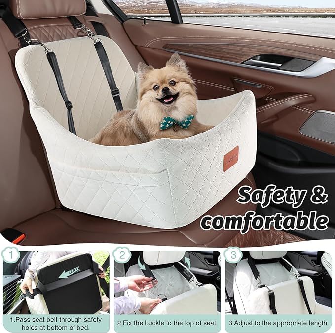 Lealchum Dog Car Seat for Medium Dogs Up to 40lbs,Easy to Install with Adjustable Straps,Anti-Slip Base,Fully Detachable and Washable,Soft Fabric Fill in Memory Foam,2 Side Pockets(Beige,Medium)