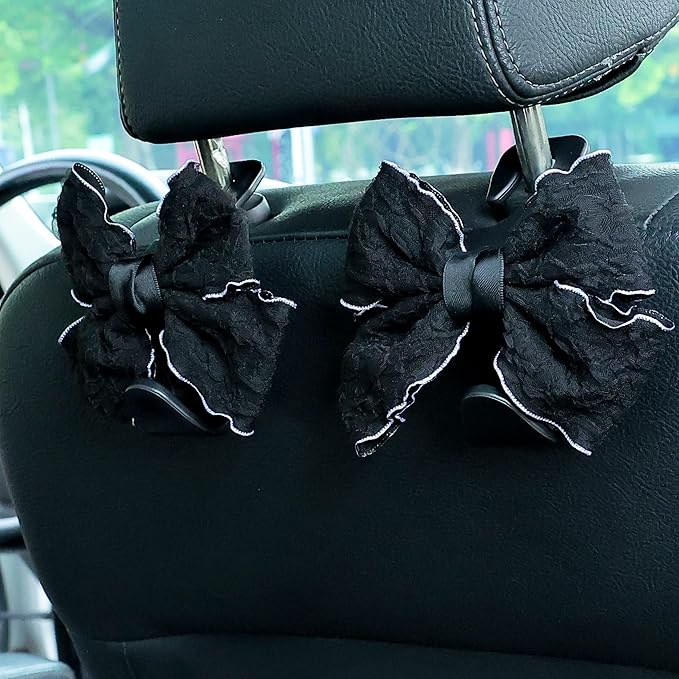 Amooca Car Seat Headrest Hook Cute Bowknot Vehicle Hanger Car Storage Organizer for Handbag Purse Coat Grocery Bag Puff Black