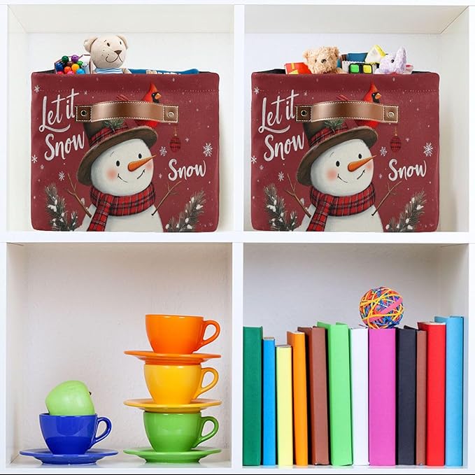 Winter Snowman Cardinal Birds Storage Basket with Waterproof Liner and PU Handles Let It Snow Christmas Red Storage Bins Boxes 14.2" Collapsible Decorative Baskets for Bedroom Closet Office 1 Pack