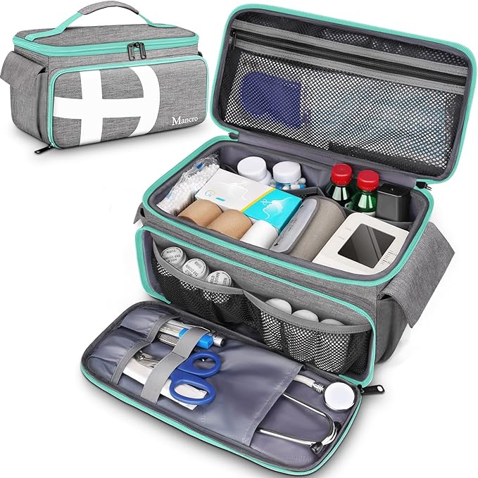 Mancro First Aid Bags Empty, Medical Travel Bag with Multi Pockets, Pill Bottle Organizer for Travel, Home Storage, Trauma Kit for EMT, Nurses, Doctor, Emergency Container for Medicine, Grey
