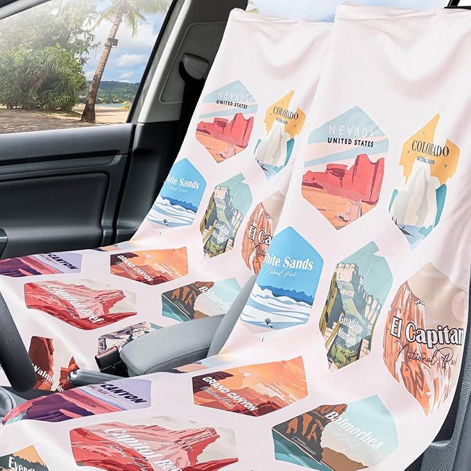 Hahafelt 2 Pack Car Seat Towel Covers with Storage Bag 63 x 32 Inch Athletic Running Towel Seat Sweat Washable Non Slip Cover Gift for Car Outdoor Sport Activities (Mixed Landscapes)