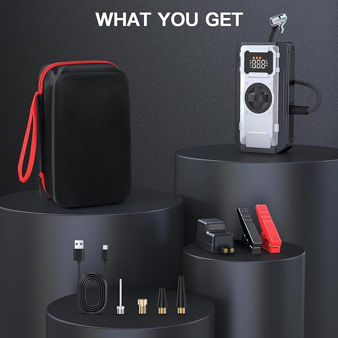 6000A Jump Starter with Air Compressor,150PSI Car Battery Tire Inflator (All Gas/10.0L Diesel Engines),12V Car Battery Jump Box with Jumper Cables, LCD Display, LED Light,Power Bank