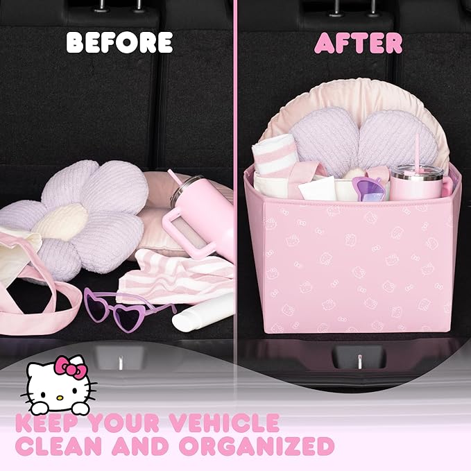Sanrio Hello Kitty Car Trunk Organizer, Steering Wheel Cover, Air Freshener & Refill – Cute, Collapsible, Heavy-Duty Storage & Car Accessories for Groceries, Tools, Travel – 12.5"L x 12.5"W x 9"H