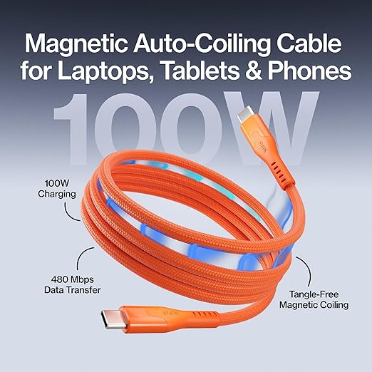 Statik MagStack Pro USB C to USB C Cable, Magnetic Type C Charger Fast Charging Cord, On The Go Magnetic Charging Cable for Car, Compatible with 16 Pro Max, 15, Galaxy S21, Orange 100W 3FT, 3 Pack