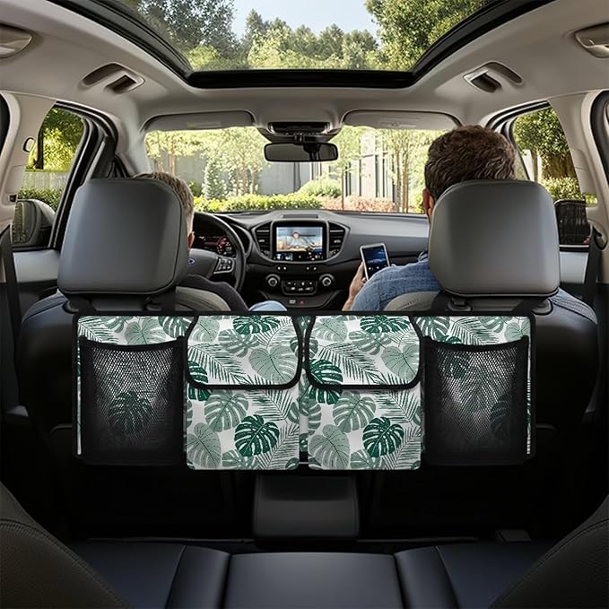 Tropical Leaves Car Backseat Organizer Adjustable & Waterproof Cars Interior Accessories Backseat Hanging Storage Bag with 4 Pockets Universal Fit for Most Cars,SUV,Sedan