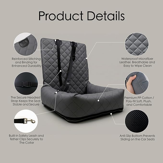 Microfiber Leather Dog Car Seat for Small & Medium Dogs, Waterproof Pet Car Seat with Washable Pee Pad, Scratch & Fur Resistant, Foldable Dog Bed for Home & Travel, Non-Slip Design, Matte Gray