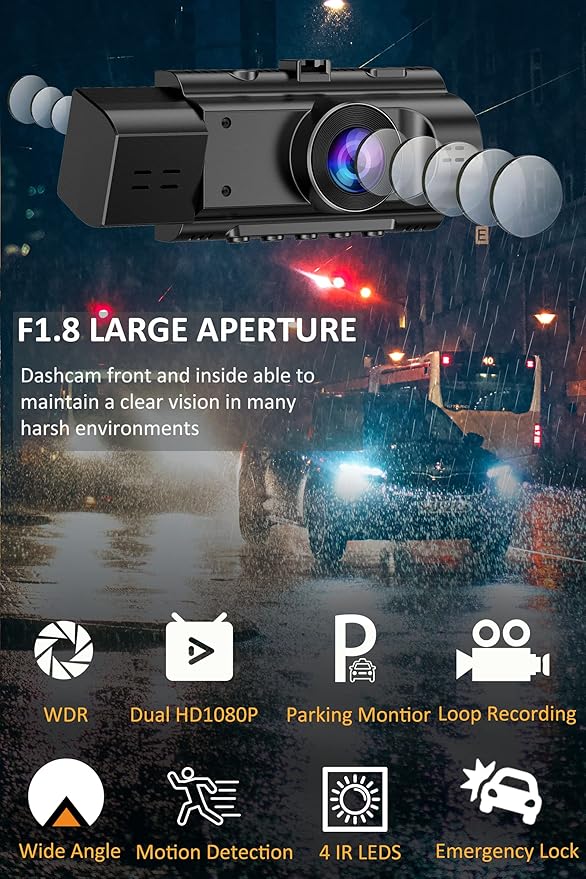 Dual Dash Cam Front and Inside FHD 1080P Dash Camera for Cars Dashcams for Cars with Infrared Night Vision, Car Camera Driving Recorder 24H Park Monitor Motion Detection G-Sensor for Taxi Uber