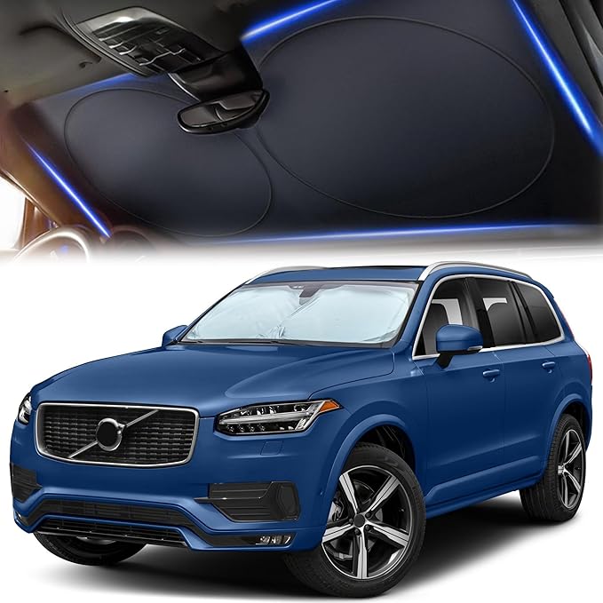 Car Sun Shade Windshield - 240T Reflective Polyester Sunshade, Medium Plus (64" x 33.5"), Blocks 99% UV Rays and Heat, Keeps Car Interior Cool, Foldable with Storage Bag, Compatible with Cars and SUVs