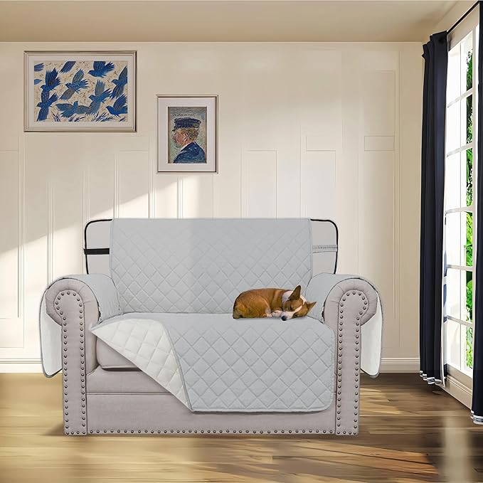 Easy-Going Reversible Chair Cover Washable Sofa Cover for Dogs Water Resistant Couch Slipcover Furniture Protector Cover with Adjustable Straps for Pets (Chair 30 in, Light Gray/Ivory)