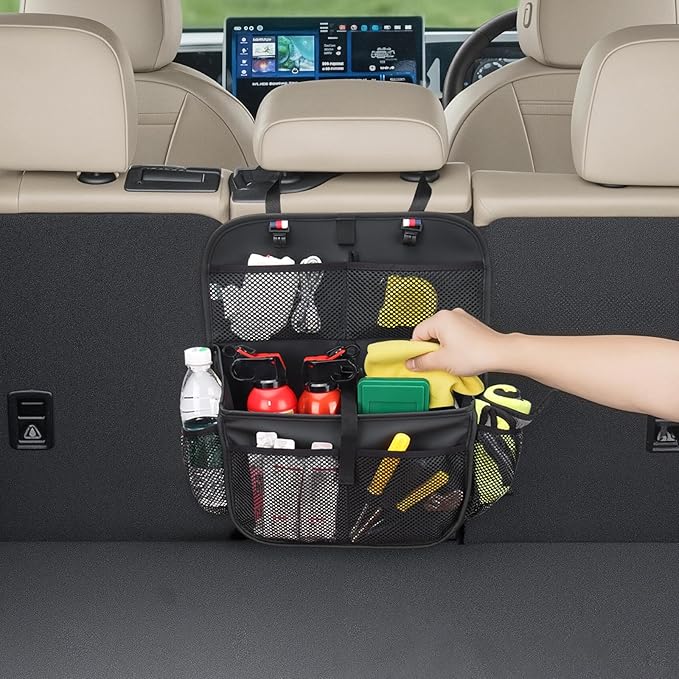 Hanging Car Trunk Organizer and Storage, Premium Faux Leather Large Capacity Storage Accessories, Backseat Car Organizer for SUV/MPV/Truck (1, Black)