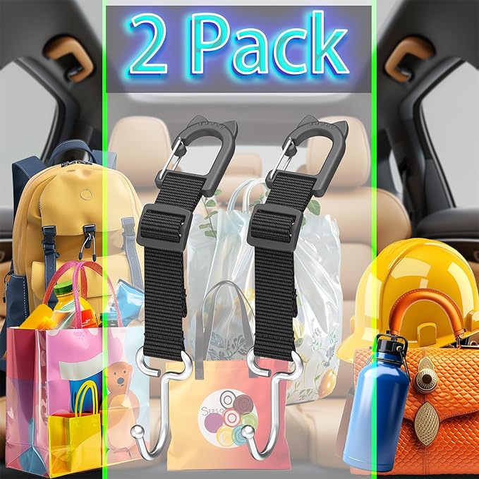 Purse Hook for Car, Adjustable Headrest Hooks for Car with Carabiner, 100 LBS Heavy Duty Metal Car Seat Hooks for Purses and Bags, Easy Install Car Bag Hooks (2 Pack)