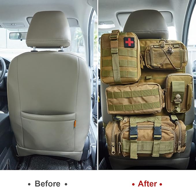 BXBXHD 6 Pack Tactical Truck Organizer Back Seat Storage Car Seat Storage Bag Molle Panels for vehicles, Car and SUV with Lots of Handy Compartments (Khaki)
