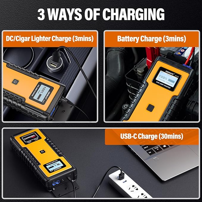 Car Jump Starter 1000A, Super Capacitor Jump Starter Non-Battery for 12V Gas Diesel Engines, 12V Portable Jump Starter for Car Battery, Yellow