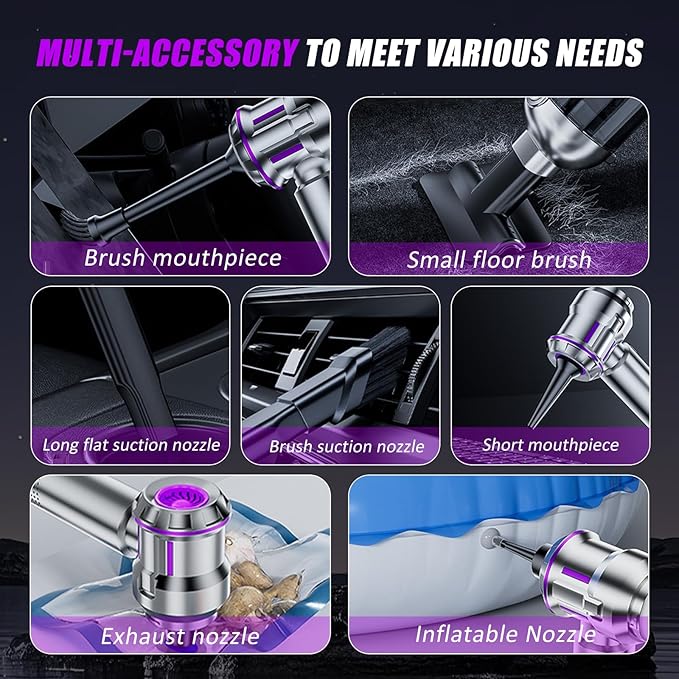 Handheld Car Vacuum Cordless, Mini Vacuum Cleaner Rechargeable, 16000Pa Hand Held Vacuum Cleaner Portable, Small Vacuum with Multi-Nozzles, Dust Duster for Car Home Office Pet (Silver Purple)