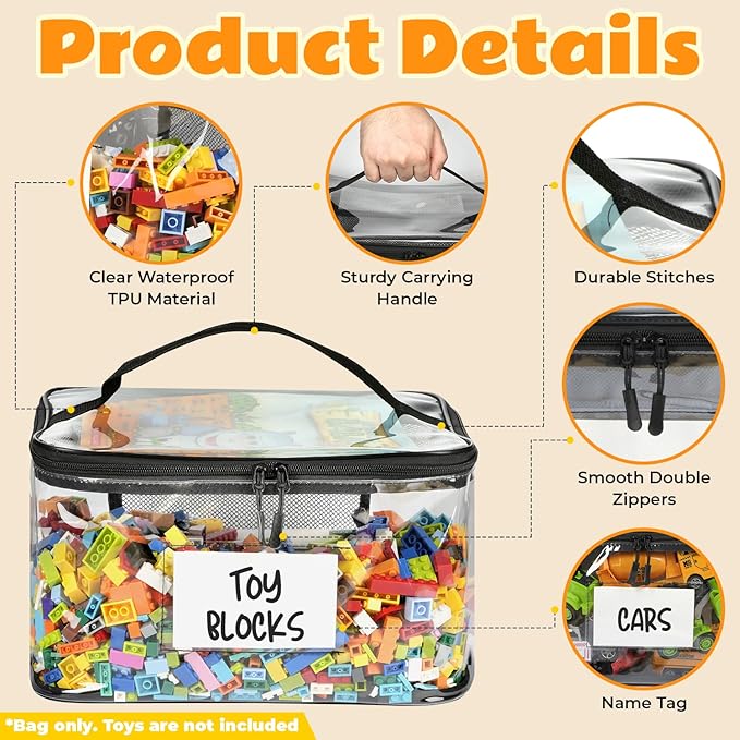 6-Pack Extra Large Toy Storage Bags with Zippers & Labels, Reusable Clear TPU Waterproof Organizer for Kids Toys, Building Blocks, Puzzles, Dolls, Board Games - Durable, BPA-Free, Travel-Friendly