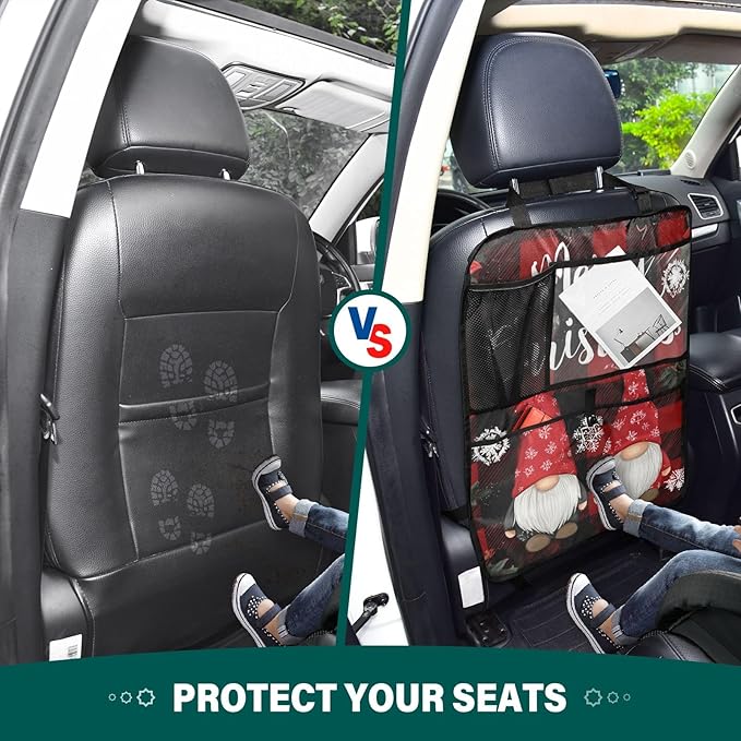 1 Pack Back Seat Car Organizer with Storage Pockets Kick Mats Back Seat Protector Hanging Car Organizer Automotive Seat Back Cover Organizers Red and Black Checkered Christmas Gnomes