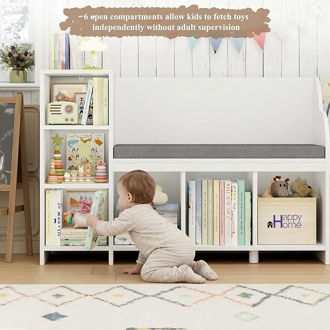 HOSTACK 67" W Kids Reading Nook with Toy Storage Organizer, Large Kids Bookshelf with Toy Storage Box on Wheels, Big Kid Bookcase with Bench and 6 Open Cubbies for Playroom, Kid Room, White