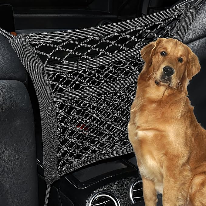 3-Layer Car Mesh Organizer Between Front Seats, 11.8 x 10.6 Inch Car Net Kid Pet Dog Net Barrier with Elastic Storage Pockets for Purses, Tissues, Fits SUV and Van