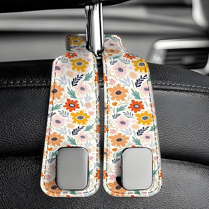 Car Seat Back Storage Headrest Hook, Premium Leather Double Metal Hook, Hanger Storage Organizer for Purse Cloth Bag, Car Interior Accessories Colorful Small Flowers