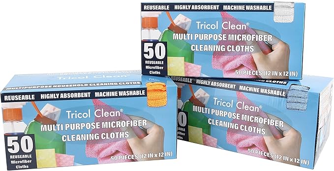 Tricol Clean Profesional Resuable Lint Free Microfiber Edgeless Cleaning Cloth Rag 50PK in Dispenser Box for Housekeeping, Car Cleaning (12 * 12 Inches), White
