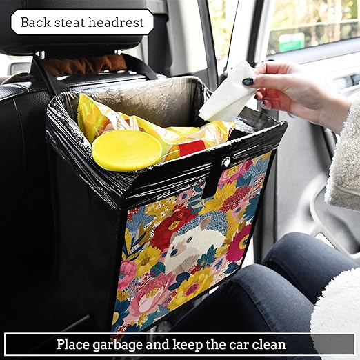 Car Trash Can Organizer Bin with Adjustable Strap for Back Front Seat Console Waterproof Leakproof Collapsible Portable 8.66 Inch Garden Flowers Hedgehogs Colorful