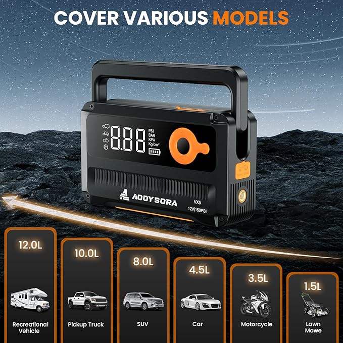 9-in-1 6000A Car Battery Jump Starter with Air Compressor 26800mAh, 150PSI 12V Portable Jump Box with Auto-Shutoff Tire Inflator, 3 Modes Flashlight and Jumper Cables(All Gas/12L Diesel)