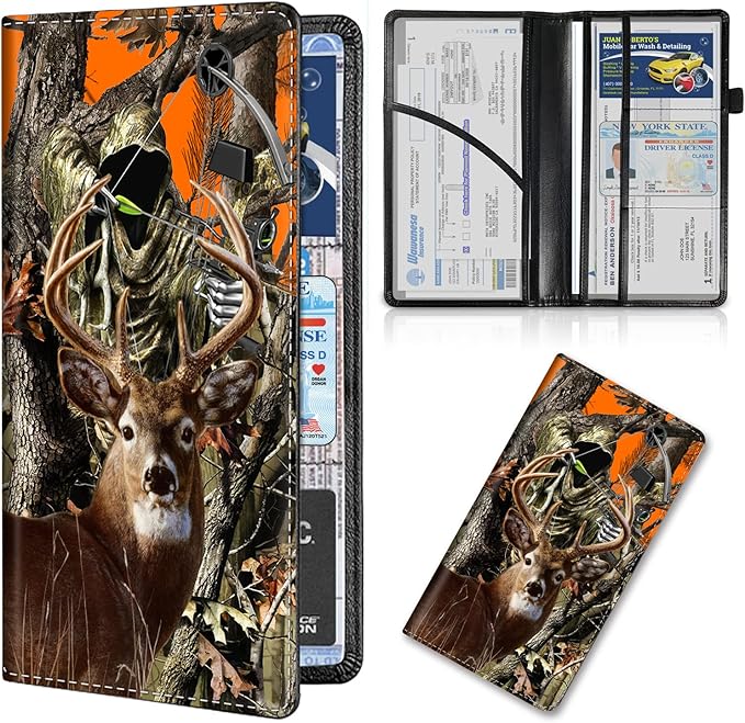 Car Registration and Insurance Card Holder, Premium Leather Vehicle Wallet Cover for Glove Box Car Organizer Drivers License / Cards / ID - Essentials Document Holder, Camo Camouflage Deer Hunter