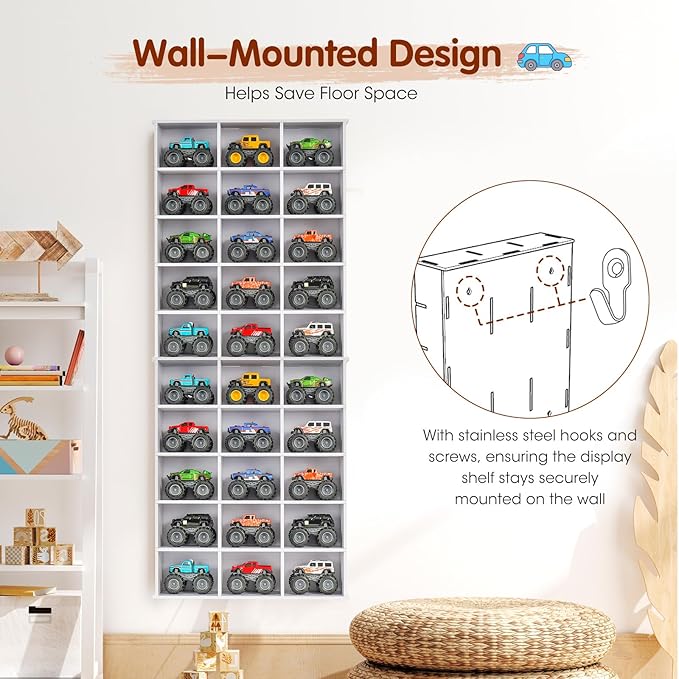 2 Pack Trucks Display Shelf, 15 Slot Toy Cars Display Case, Wall Mounted Toy Truck Storage Organizer Holder, White