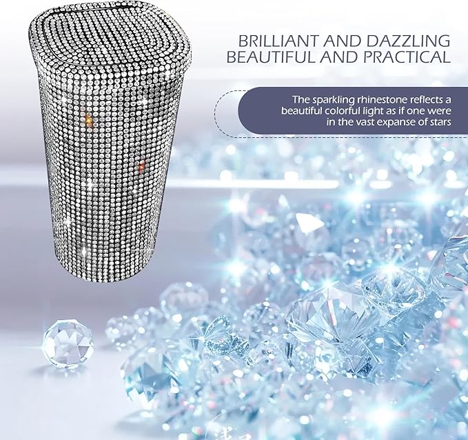 Bling Car Trash Can, Sparkly Rhinestone Cup Holder Car Garbage Can with Trash Bags, Universal for Cars, Offices, Homes – Stylish Cars Interior Accessory for Women (White)