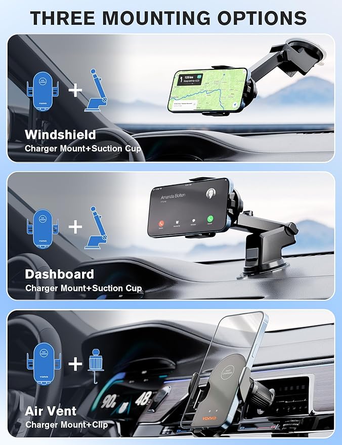 Wireless Car Charger, 15W Fast Charging Car Phone Holder Auto Clamping, Phone Mount for Car Dashboard Air Vent Windshield, for All iPhone Android (Black)