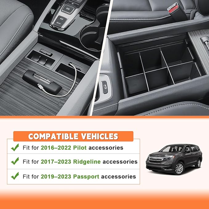 TACORBO Phone Cable Adapter & Console Dividers for Honda Pilot 2016–2022, Ridgeline 2017–2023, Passport 2019–2023, Center Console Organizer with ABS Material & Anti-Slip Rubber Pads