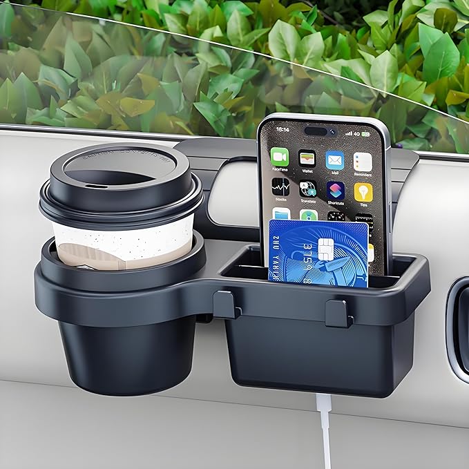 GDQ 4-in-1 Car Window Organizer (2 Pack) - Clip-On Cup Holder & Phone Mount with Hooks | No Drill Universal Fit for SUV/Truck/Sedan | Insert Installatio