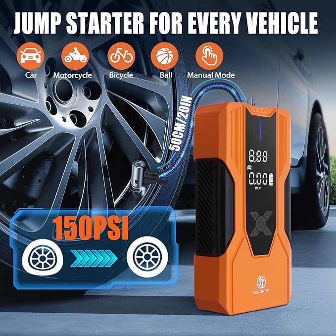 Sorghum Battery Jumper Starter Portable - 8000A Car Battery Jump Starter with Air Compressor, 150PSI Jump Box with Tire Inflator, Car Battery Booster Jump Pack for All Gas/12L Diesel