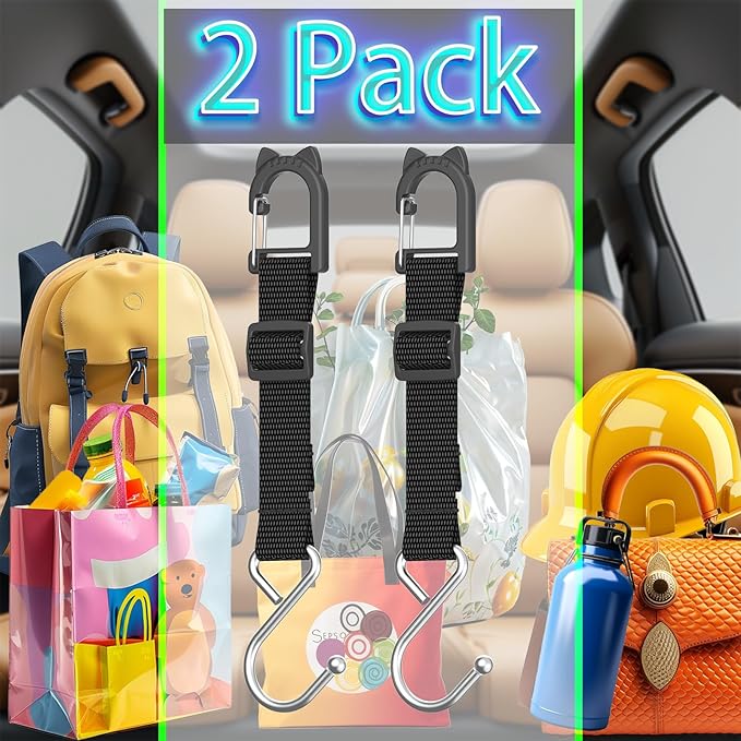 Purse Hook for Car, Safe Flat S-Shape Headrest Hooks for Car, 100 LBS Heavy Duty Car Seat Hooks, Multi-Use Car Bag Hooks & Sports Fence Hook for Bags (2 Pack)