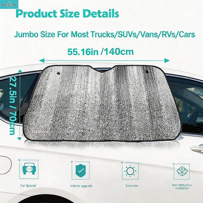 Big Ant Car Windshield Sunshade UV Ray Reflector Auto Window Sun Shade Visor Shield Cover, Keeps Vehicle Cool- Sliver (55" x 27.5")