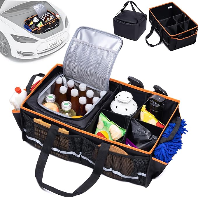 Car Front Trunk Organizer with Cooler Bag Compatible with Tesla Model Y Model 3 2020-2026, Foldable Grocery Frunk Storage Bag Collapsible for Car SUV with Multi Compartment，Black