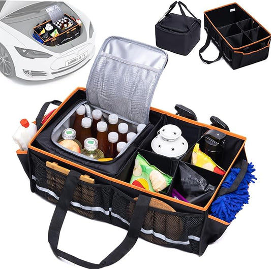 Car Front Trunk Organizer with Cooler Bag Compatible with Tesla Model Y Model 3 2020-2026, Foldable Grocery Frunk Storage Bag Collapsible for Car SUV with Multi Compartment，Black