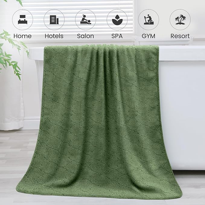 JML Microfiber Bath Towels Set of 2, Oversized, Ultra Soft, Super Absorbent, Fast Drying, No Fading Large Bathroom Towel for Yoga, Sauna, Travel, Fitness (Coral Fleece - Olive-Green, 30 in x 60 in)